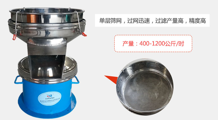 450過濾篩采用單層篩網(wǎng)，過網(wǎng)迅速，過濾產(chǎn)量高，精度高。